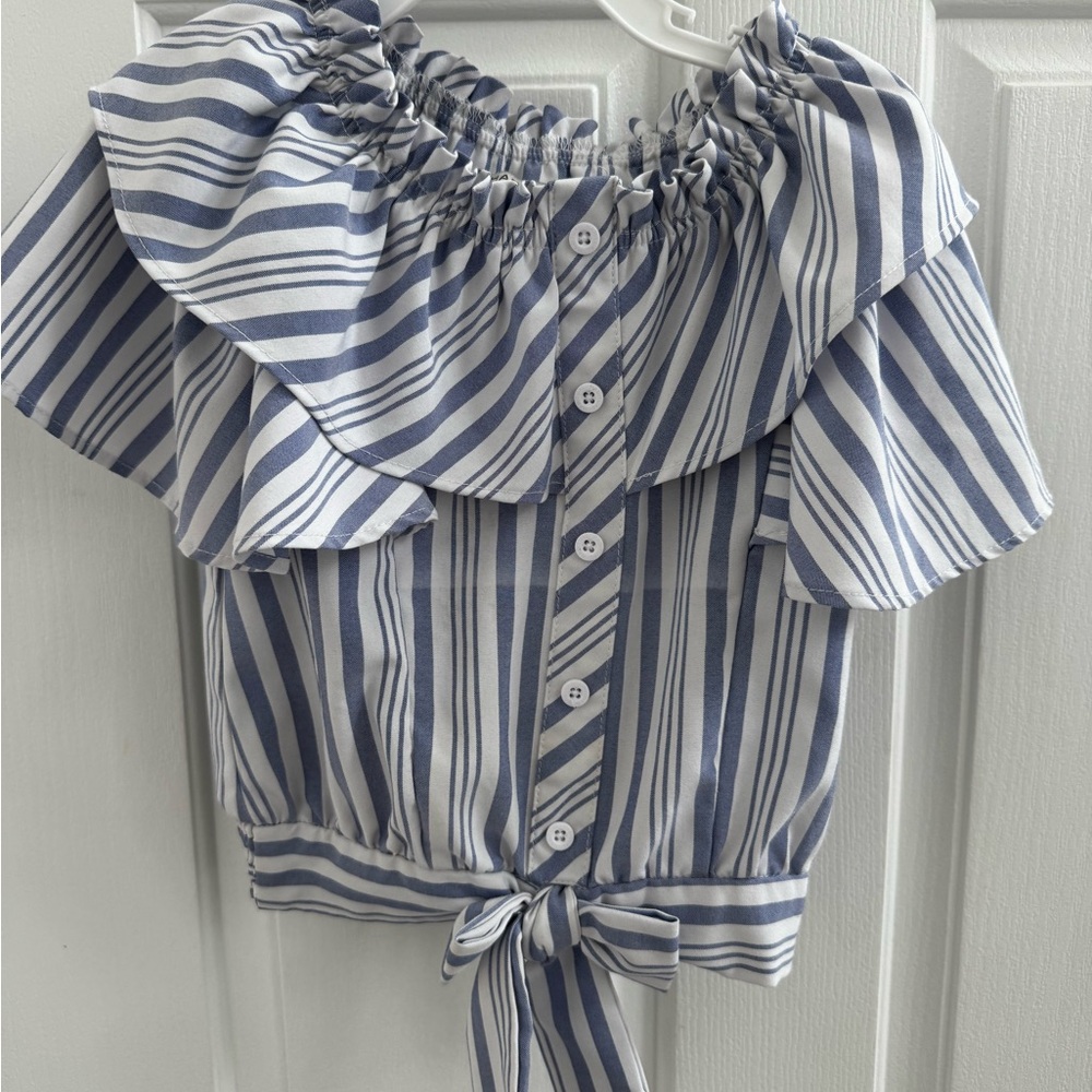Habitual Blue and White Striped Ruffle Blouse